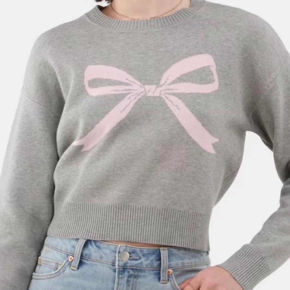 No Boundaries L 12-14 Gray Pink Bow Cropped Knit Sweater Coquette Long Sleeve